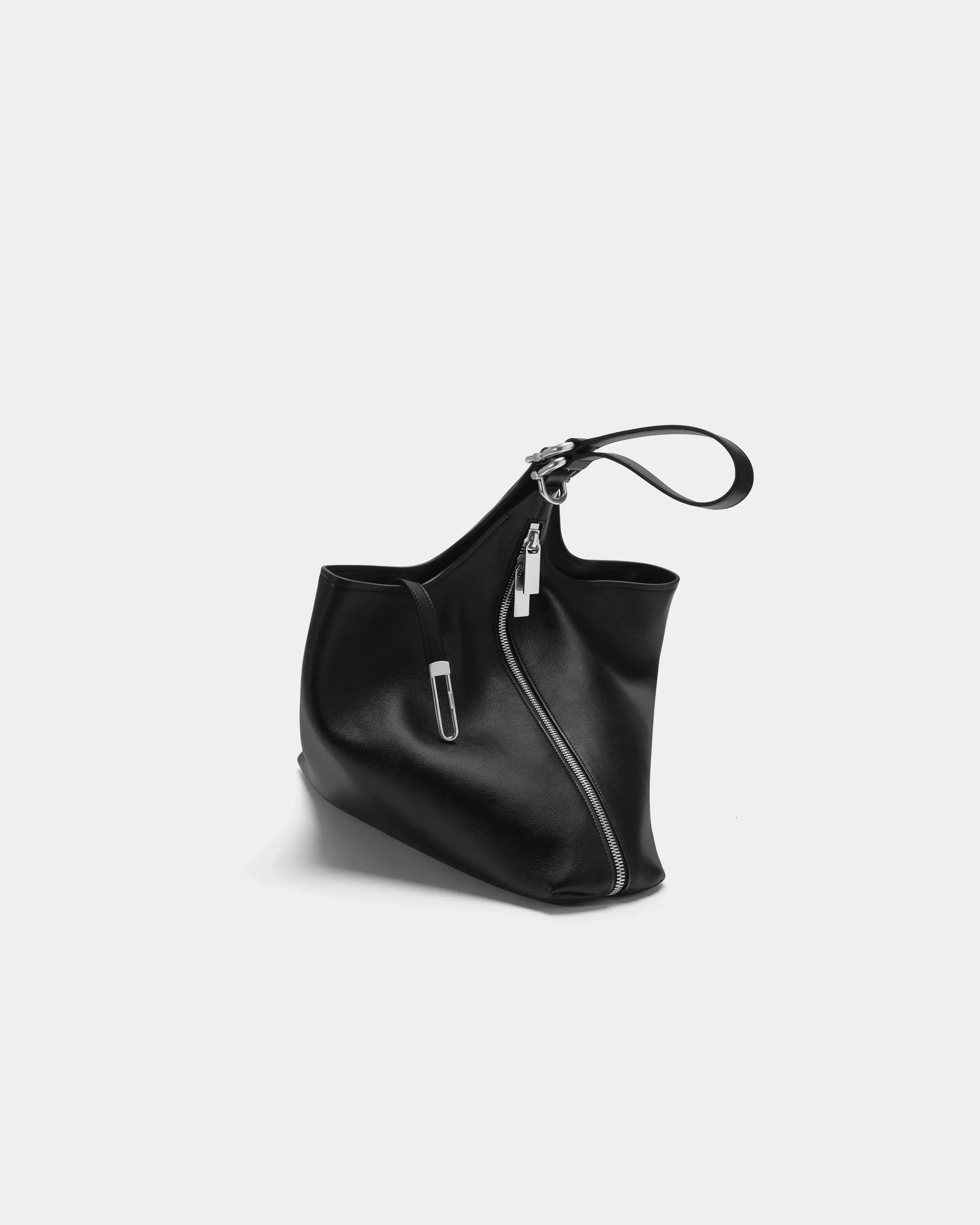 TAD-FAB-Zip-Hobo-matte-black-calfskin-shoulder-bag-side-view