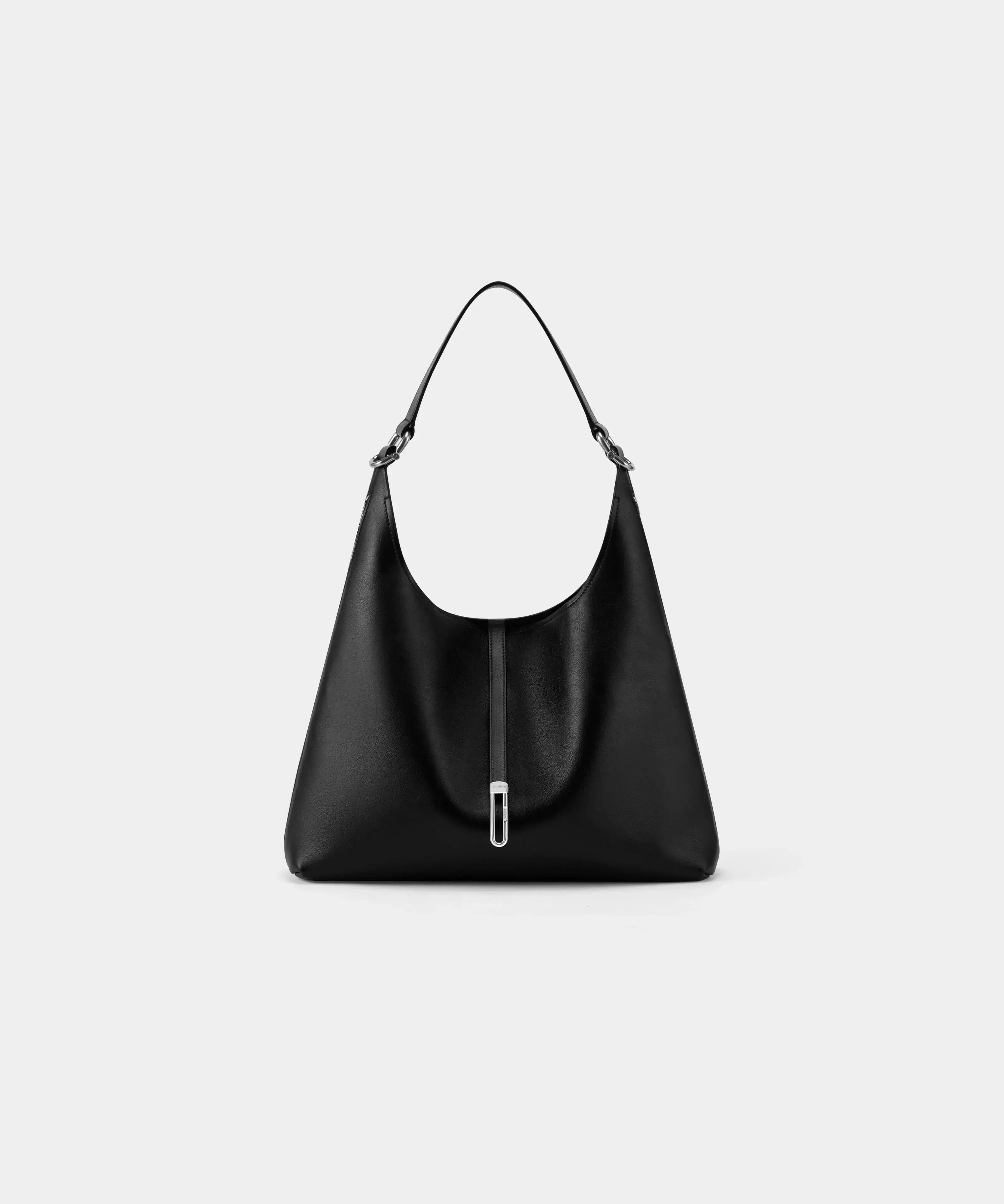 TAD-FAB-Zip-Hobo-matte-black-calfskin-shoulder-bag-front-view