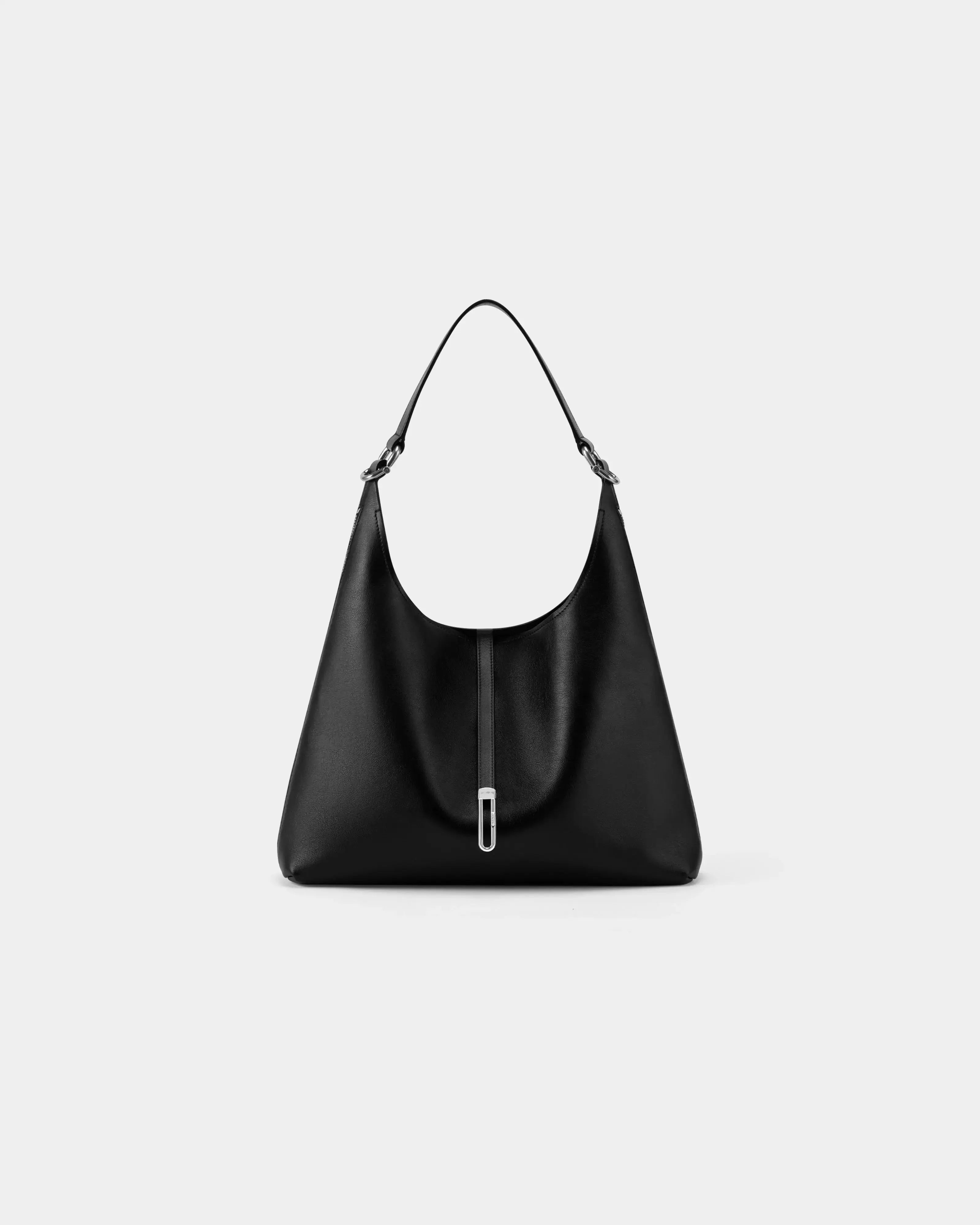 TAD-FAB-Zip-Hobo-matte-black-calfskin-shoulder-bag-front-view