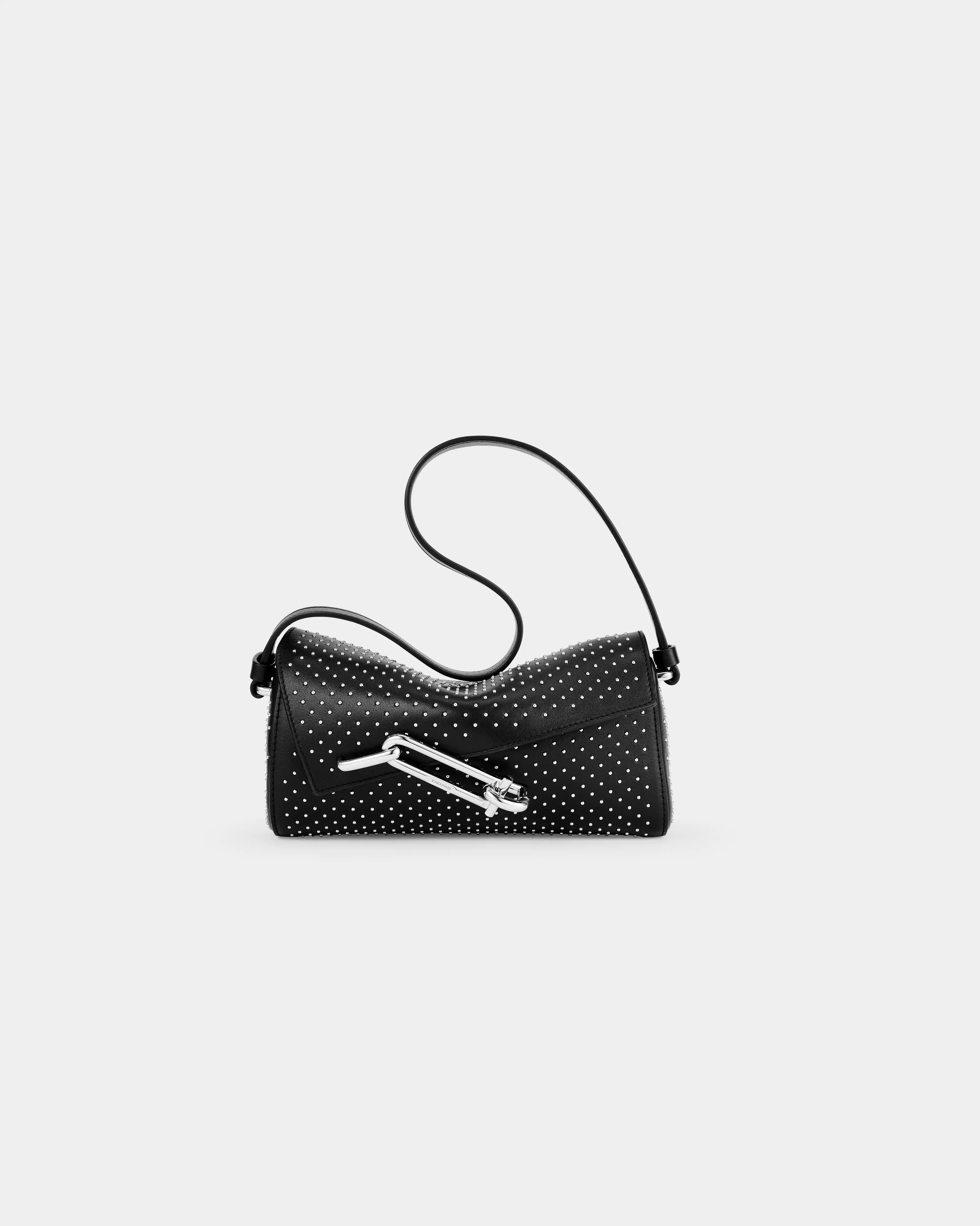 TAD-FAB-Softie-Mini-black-studs-calfskin-shoulder-bag-front-2-view-with-silver-tone-carabiner-style-buckle