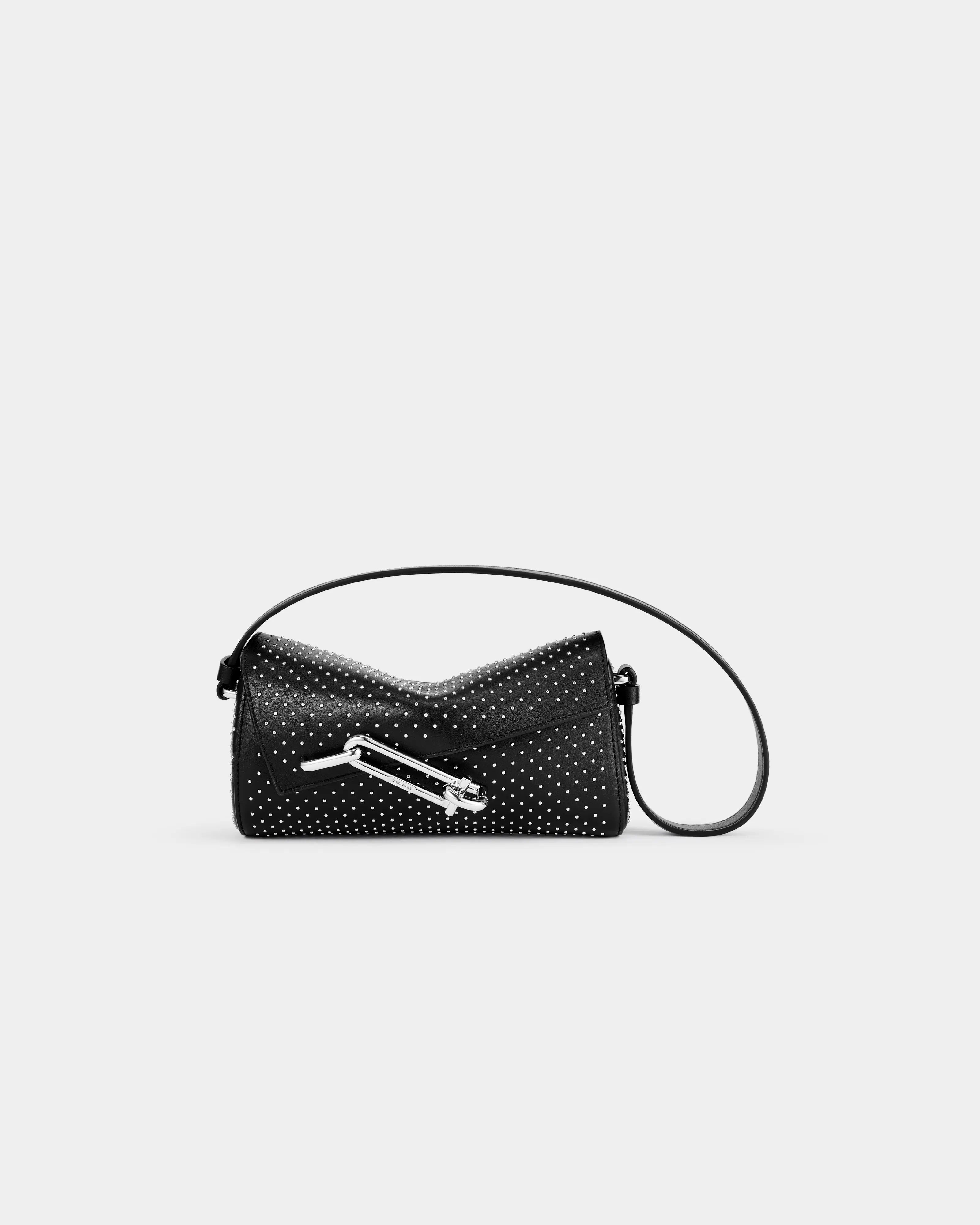 TAD-FAB-Softie-Mini-black-studs-calfskin-shoulder-bag-front-view-with-silver-tone-carabiner-style-buckle