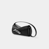 TAD-FAB-Softie-Mini-black-studs-calfskin-shoulder-bag-side-view-with-silver-tone-carabiner-style-buckle