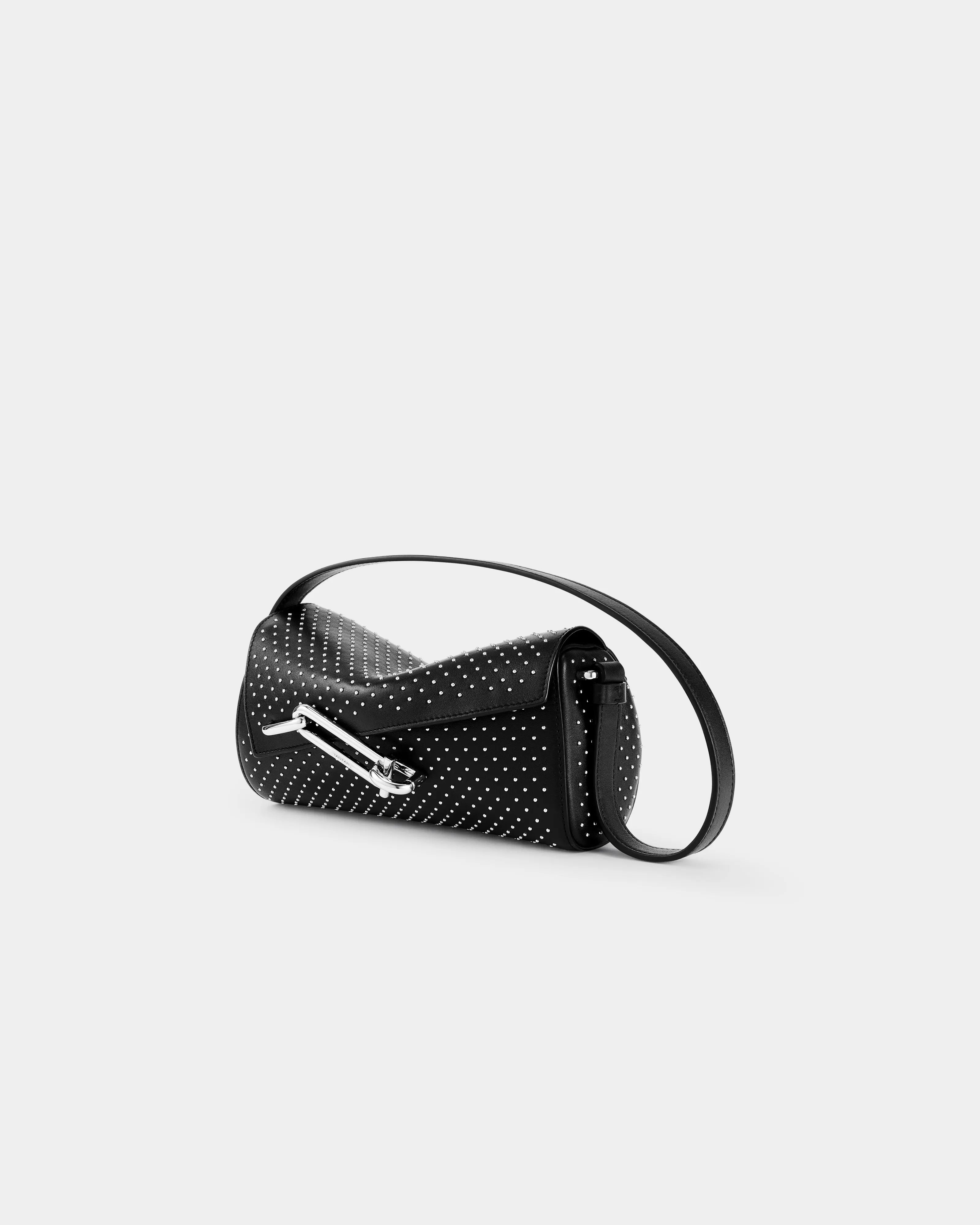TAD-FAB-Softie-Mini-black-studs-calfskin-shoulder-bag-side-view-with-silver-tone-carabiner-style-buckle