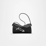 TAD-FAB-Softie-Mini-matte-black calfskin-shoulder-bag-side-view-with-silver-tone-carabiner-style-buckle